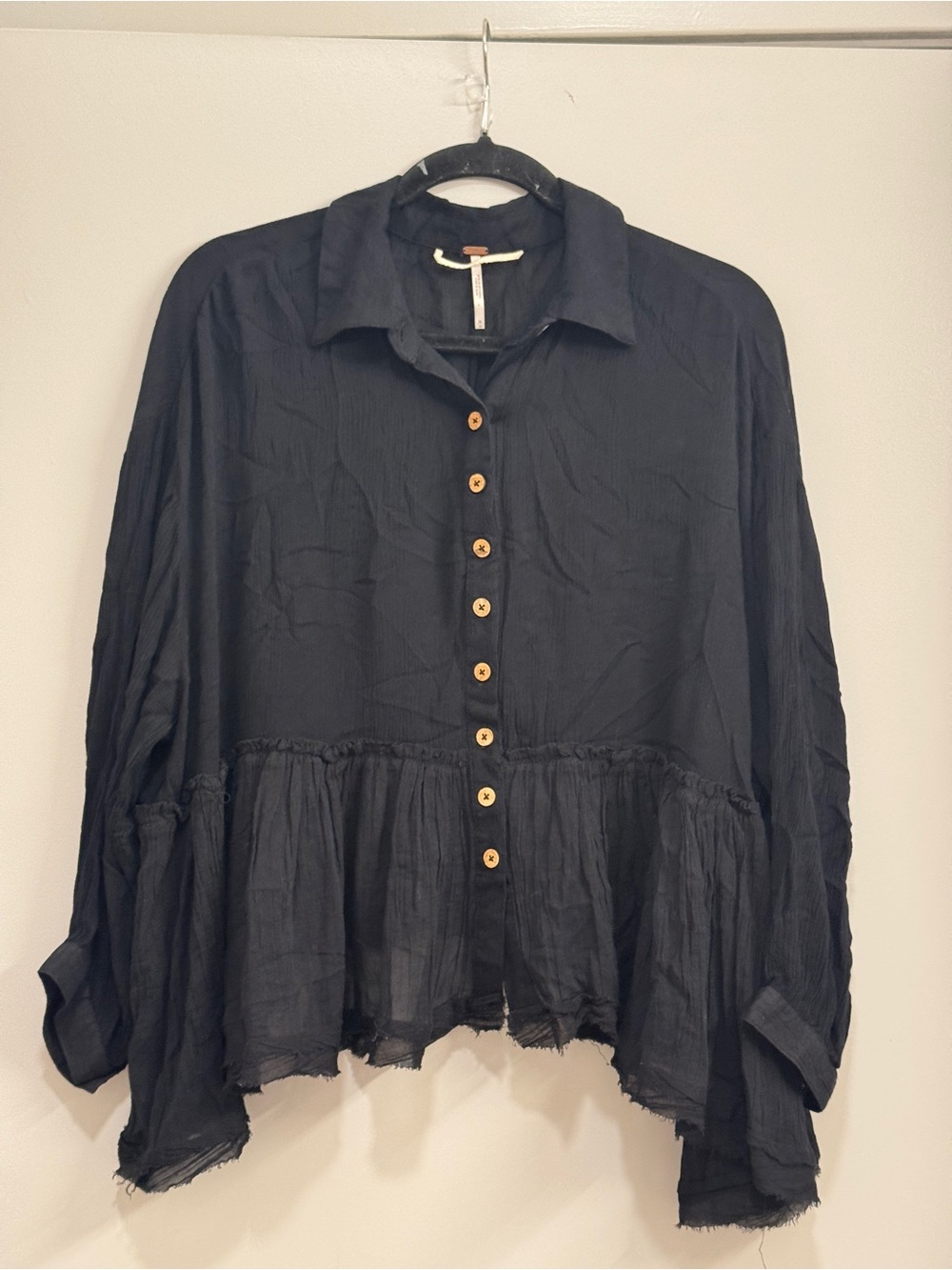 Anthropologie Black Button-Front Ruffle Hem Shirt Boho Hippie Flowy